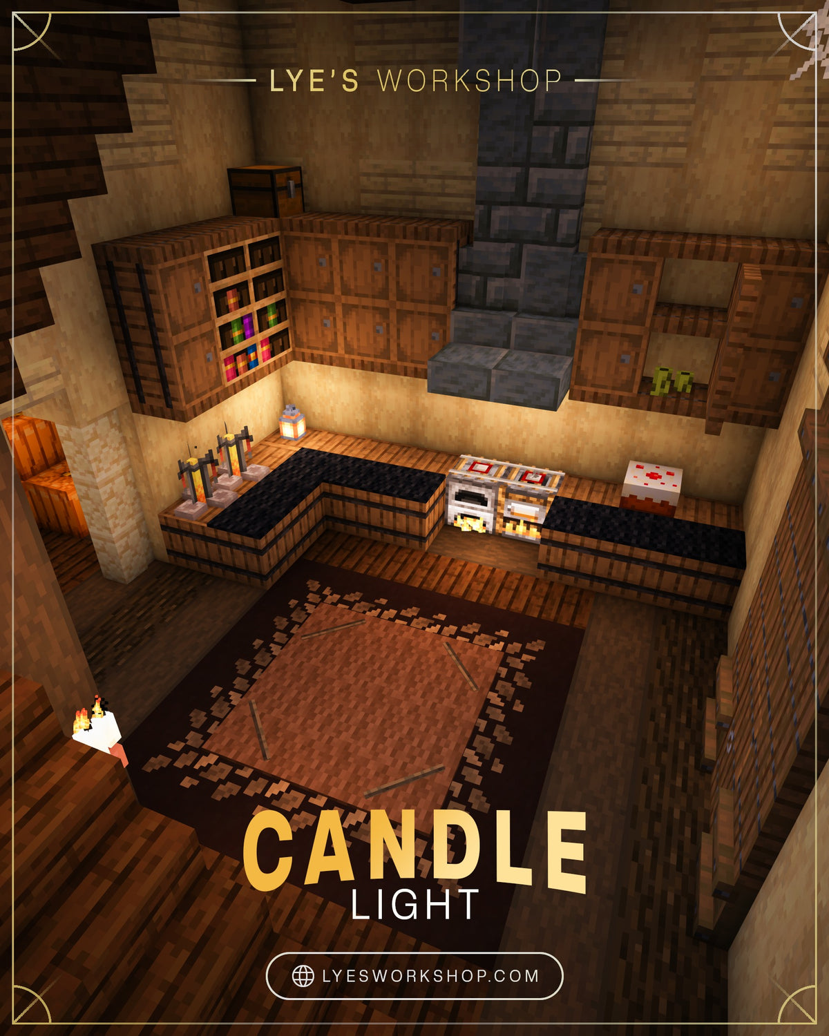 Kitchen with a stone fireplace inside the Candle Light Minecraft house
