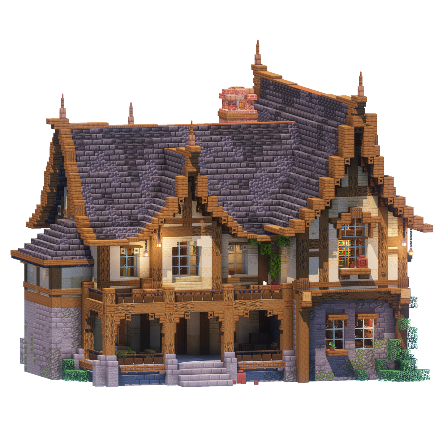 Minecraft Maze Mansion featuring a detailed medieval wooden house with a hedge maze garden