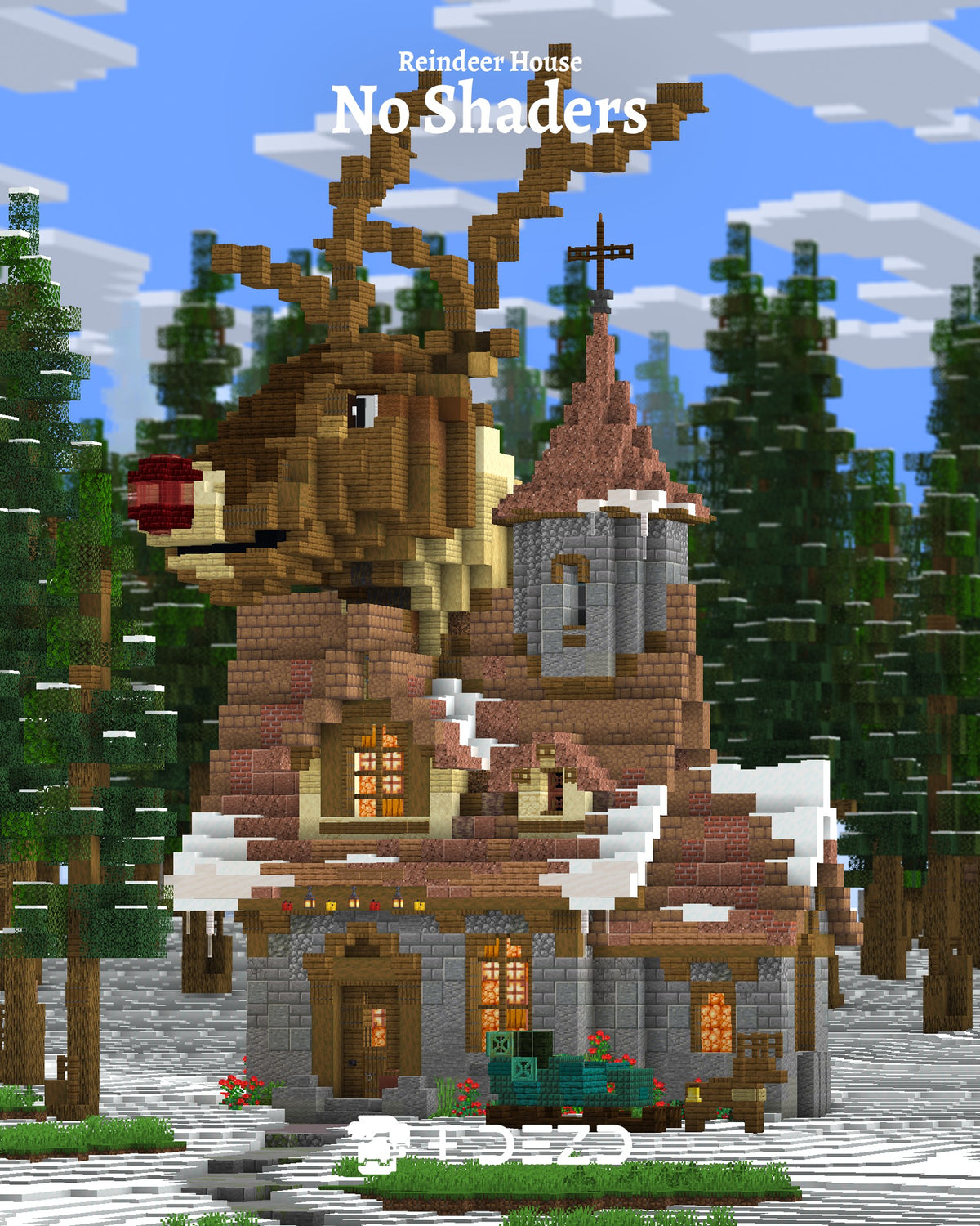 Reindeer House Minecraft festive build shown without shaders
