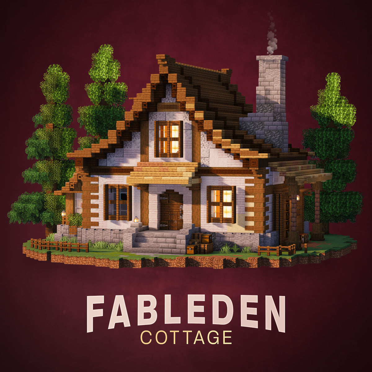 Fableden Cottage Minecraft house with a steep timber roof, white walls and a stone chimney