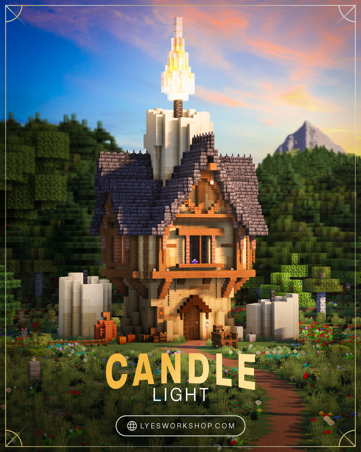 Front view of the Candle Light Minecraft house with a giant candle on its roof