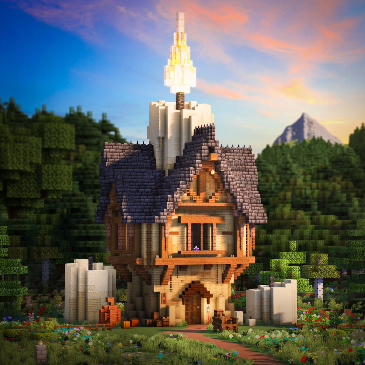 Candle Light Minecraft house with a giant candle and flame rising from its slate roof