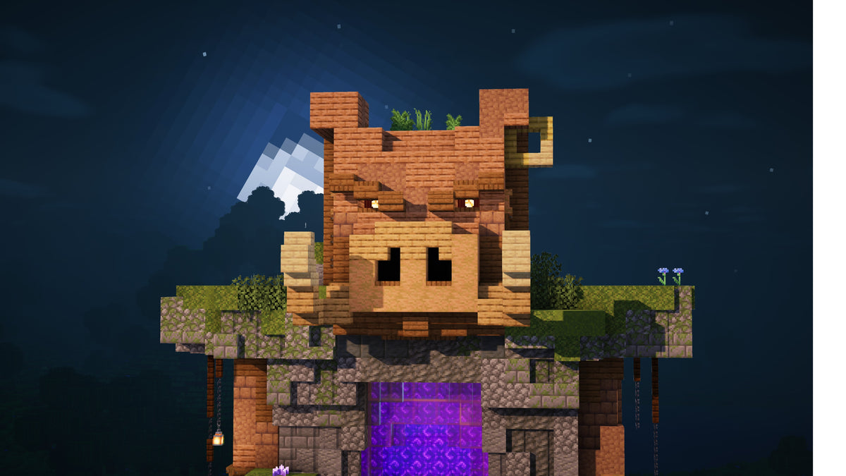 Close-up of the pig face on the Pork Portal Minecraft Nether portal build