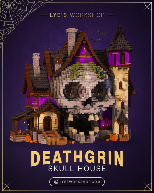 Deathgrin Skull House Minecraft Halloween build with a giant skull face, a tall tower and pumpkins at the entrance