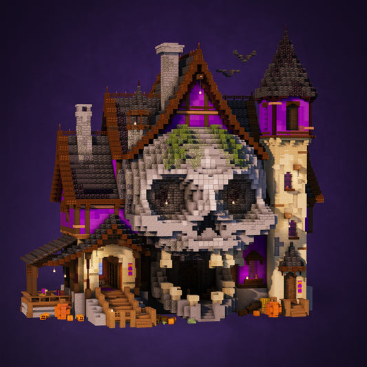Deathgrin Skull House Minecraft Halloween build with a mossy skull face, stone chimneys and a purple lit tower