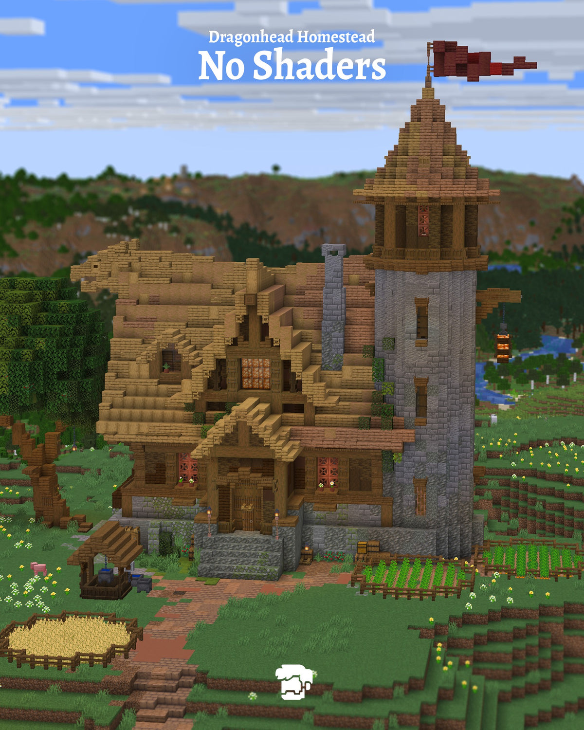 Dragonhead Homestead Minecraft survival base shown without shaders