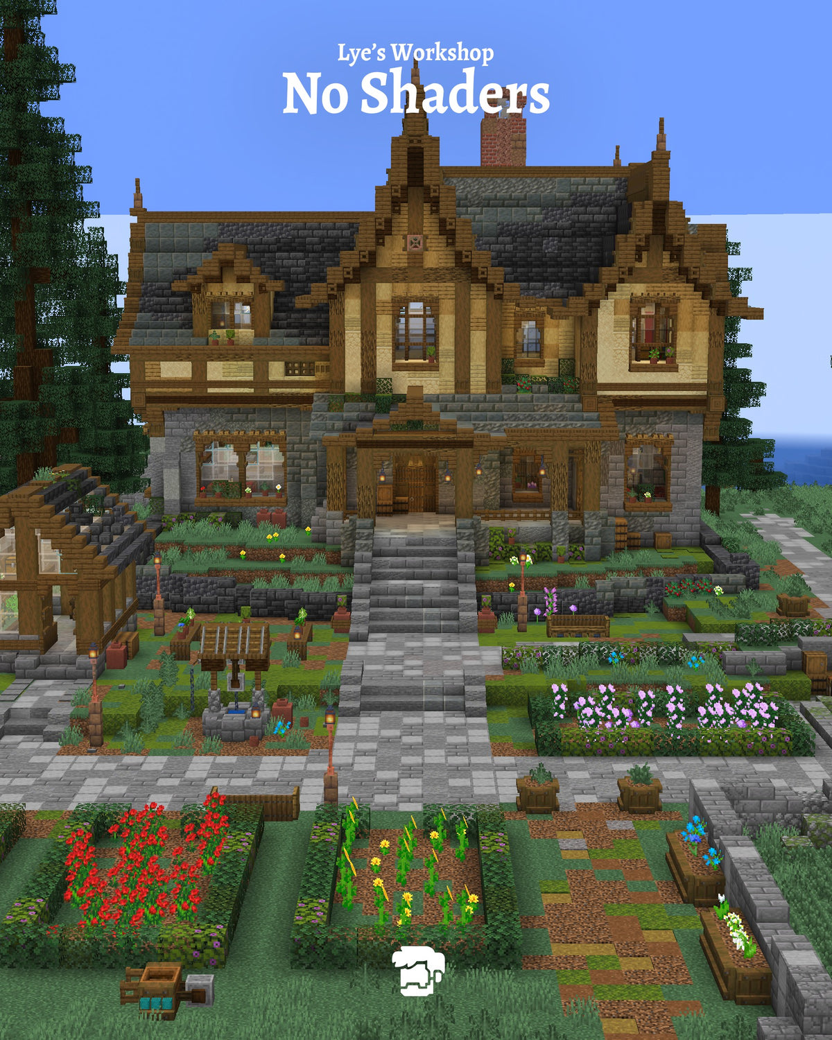 Evergreen Mansion Minecraft survival base shown without shaders