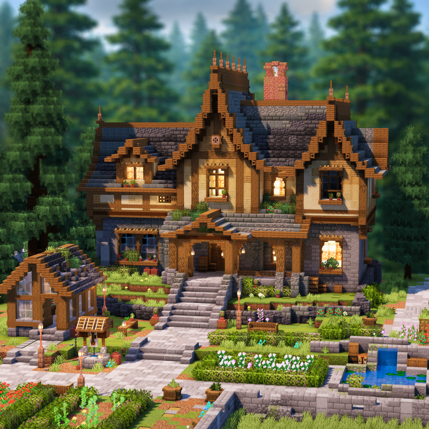 Evergreen Mansion - Detailed Minecraft Survival Base / Spawn Build