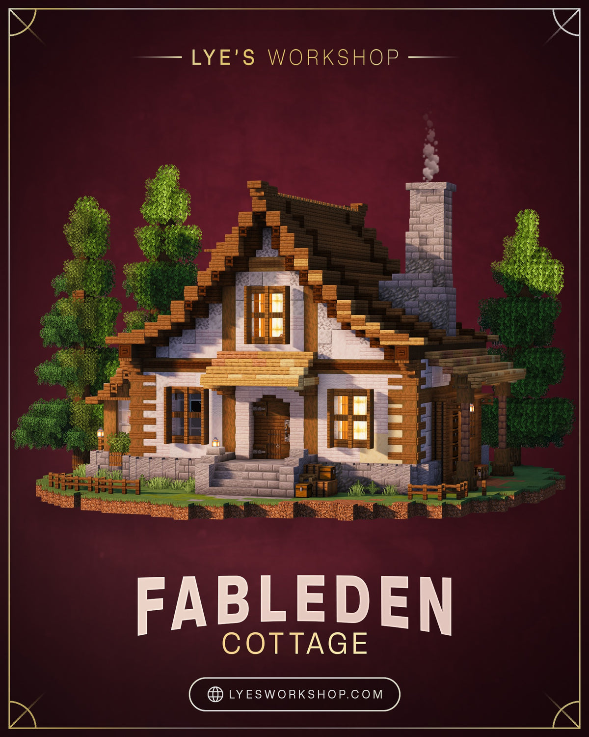 Front view of the Fableden Cottage Minecraft house with its timber roof and stone chimney