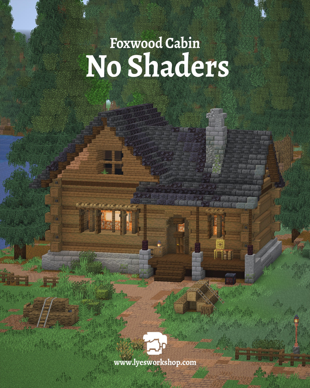 Foxwood Cabin Minecraft build shown without shaders
