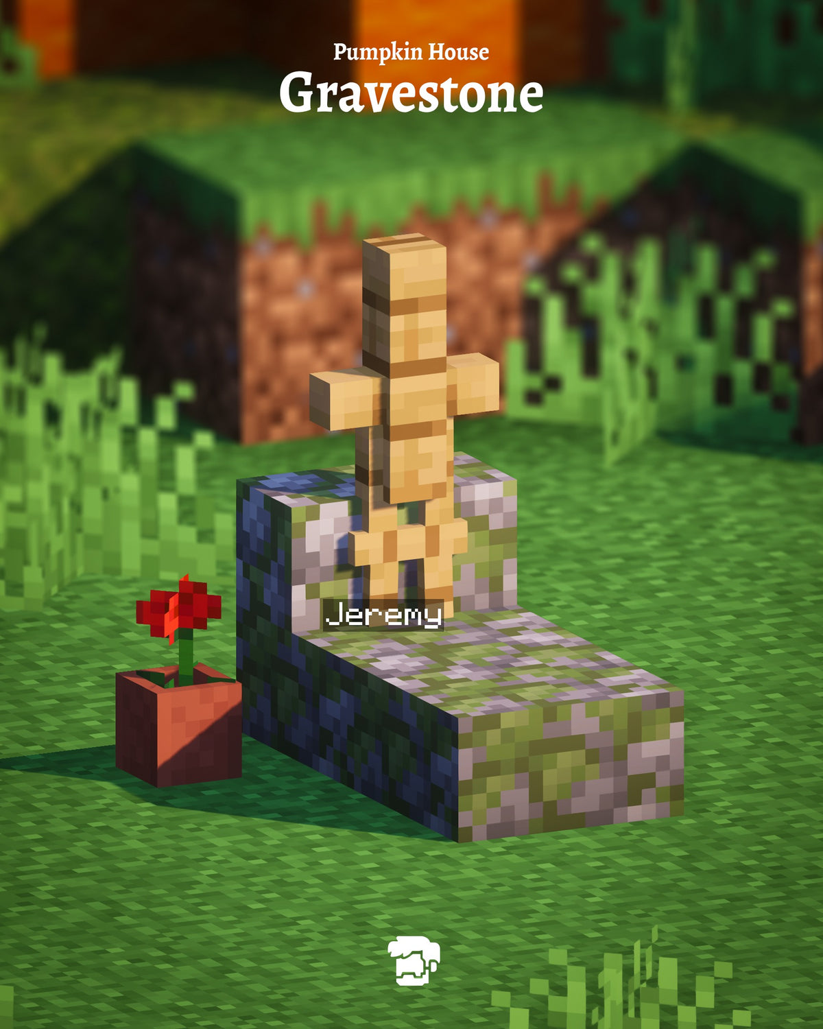 Gravestone feature of the Pumpkin House Minecraft Halloween build