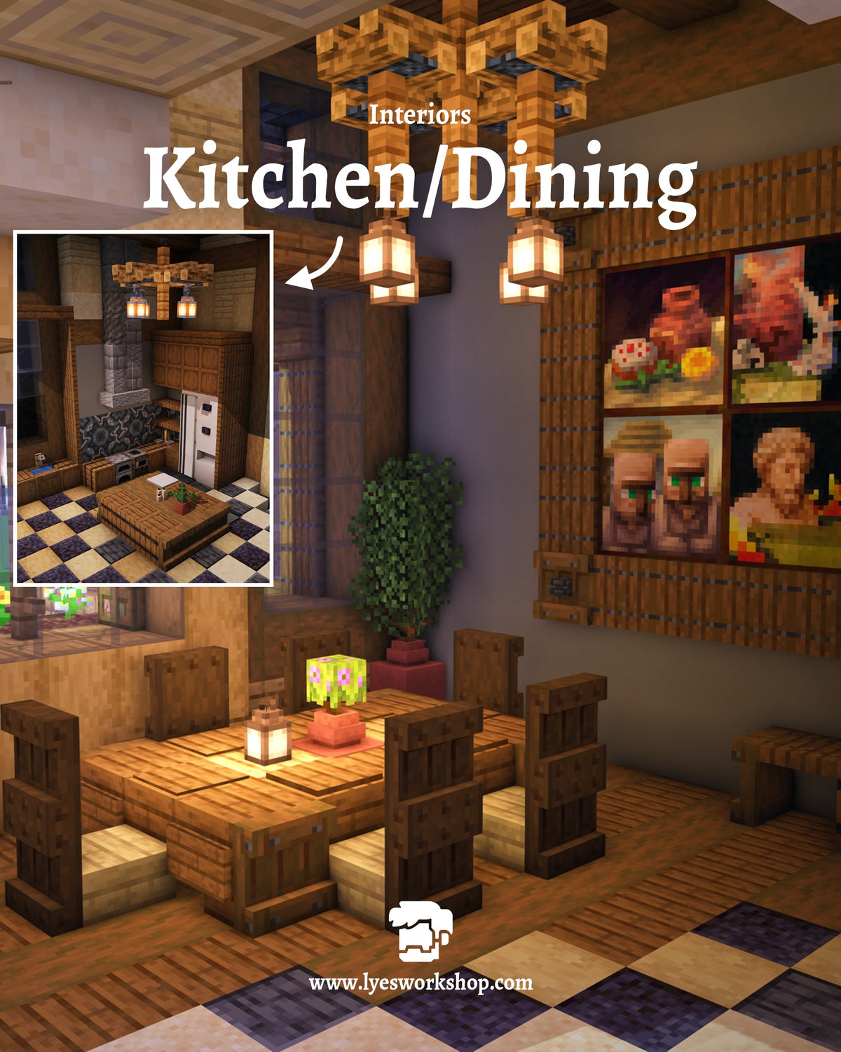 Kitchen and dining area inside the Meadow View Minecraft house