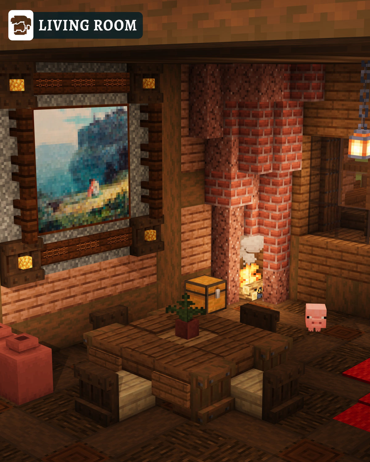 Living room inside the Pigkeeper's Farmhouse Minecraft build