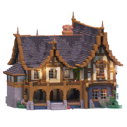 Minecraft Maze Mansion featuring a detailed medieval wooden house with a hedge maze garden