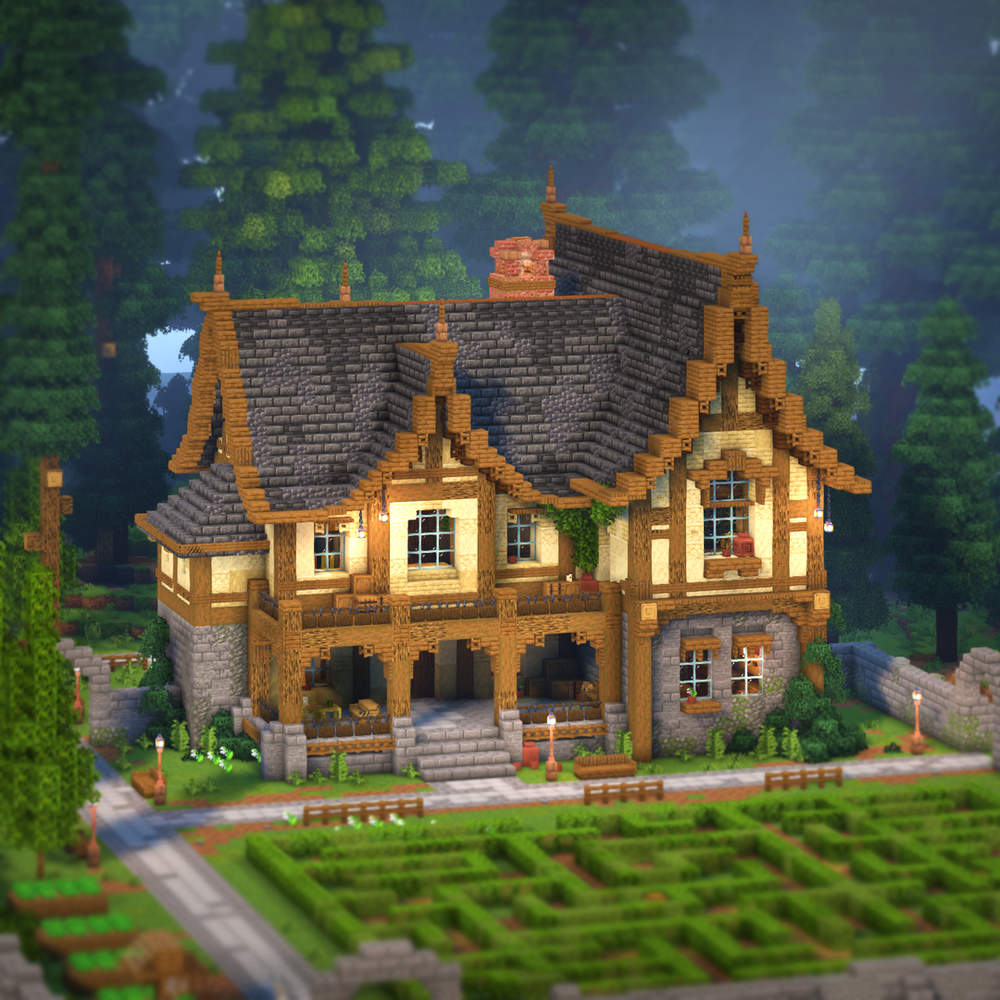 Minecraft Maze Mansion featuring a detailed medieval wooden house with a hedge maze garden