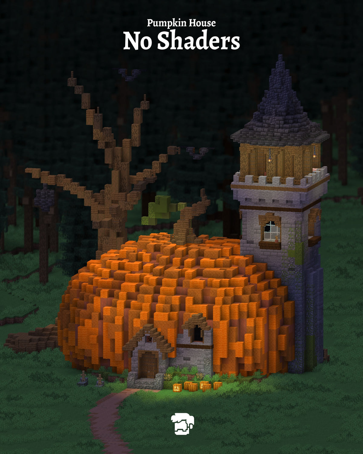 Pumpkin House Minecraft Halloween build shown without shaders