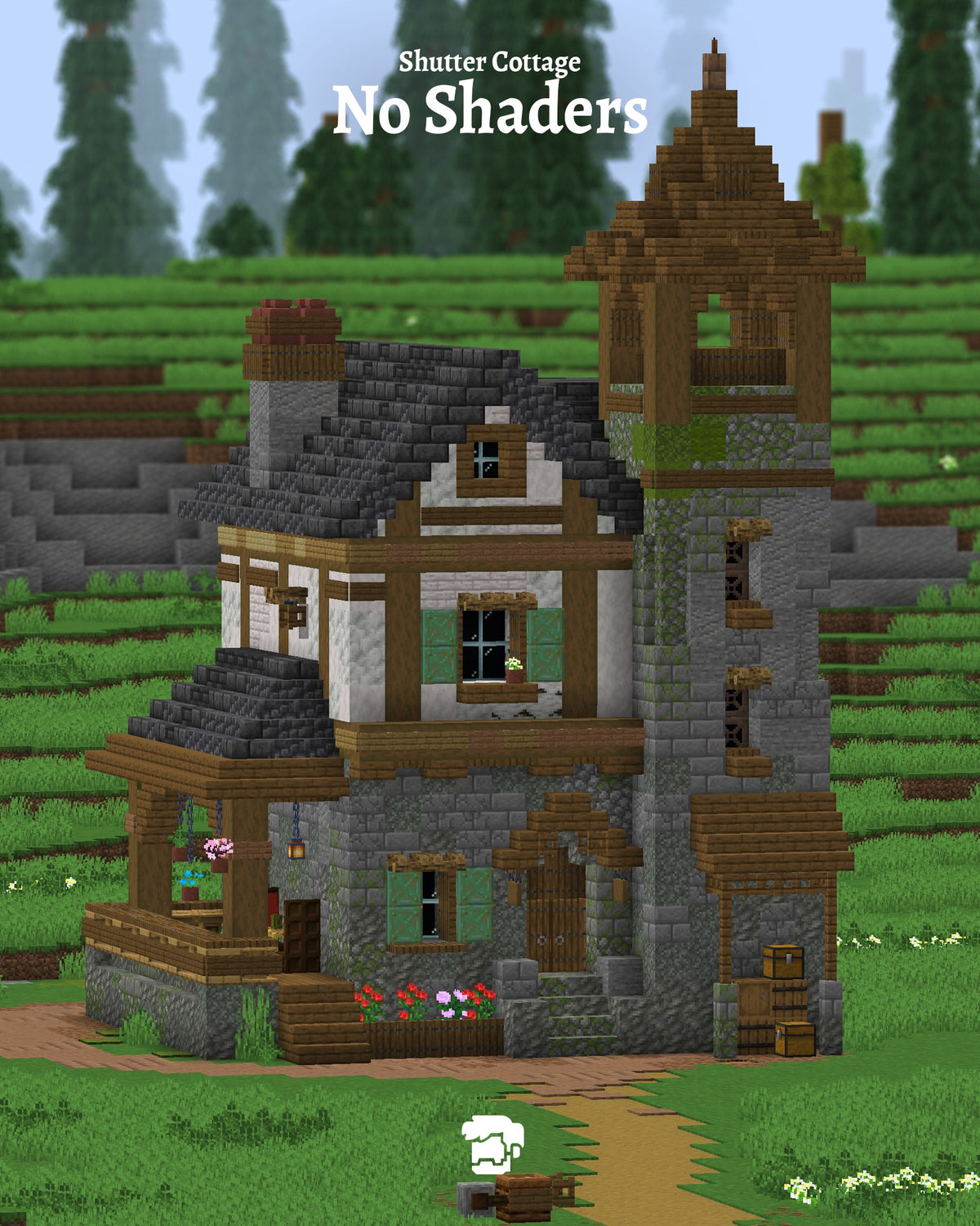 Shutter Cottage Minecraft house shown without shaders